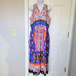 Maggy London Sleeveless Floral Halter Midi Dress Back Bow Lined Size 10